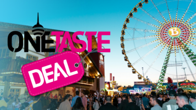 ONETASTE Deal Logo mit Riesenrat vor dem Festzelt Zum Wasenwirt